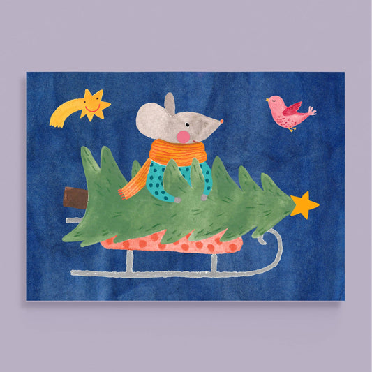 Weihnachtskarte Maus mit Weihnachtsbaum