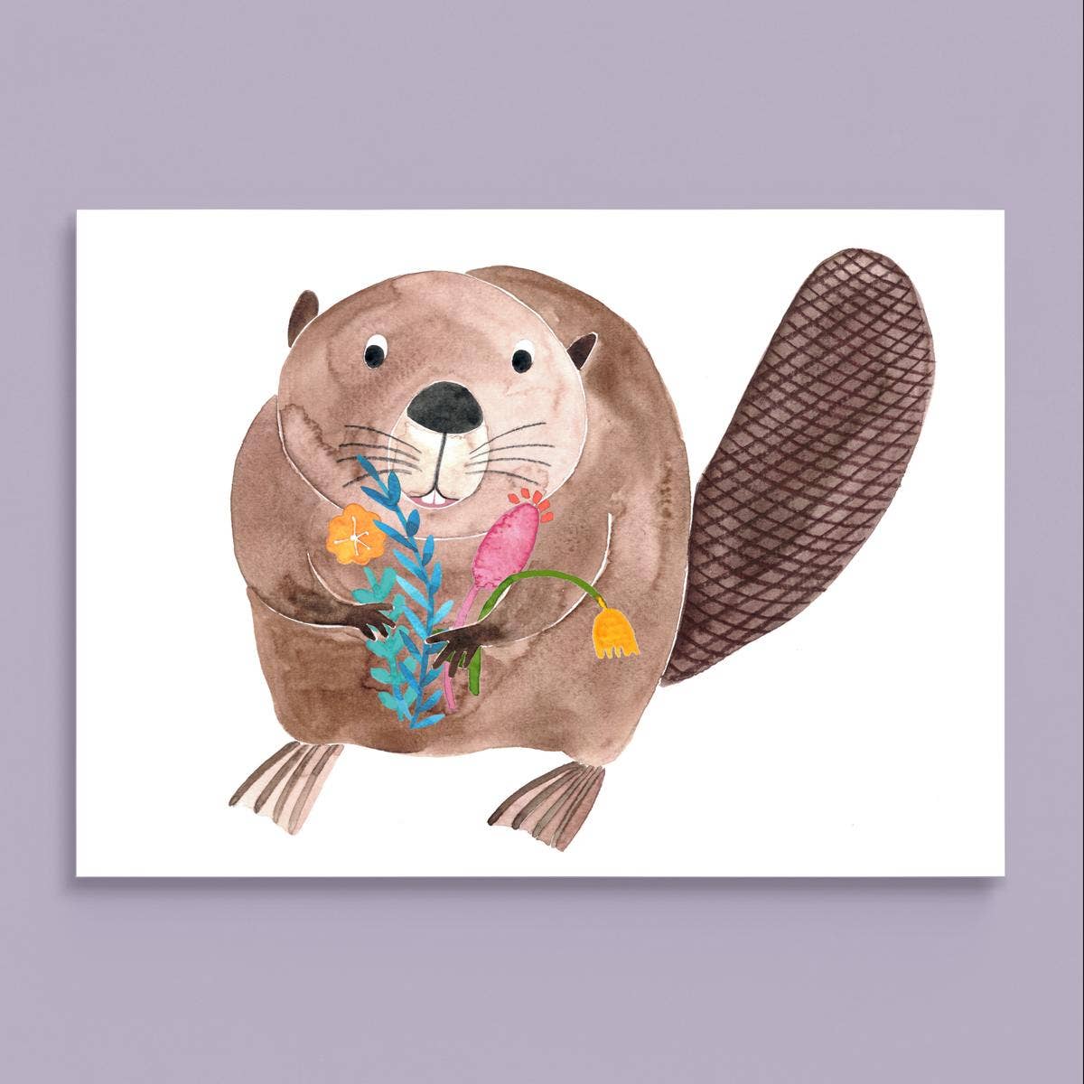 Postkarte Biber mit Blumen